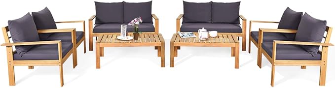 Tangkula Outdoor 8-Piece Acacia Wood Chat Set, 8 Seater Acacia Wood Conversation Sofa and Table Set, Teak Finished (2, Grey)