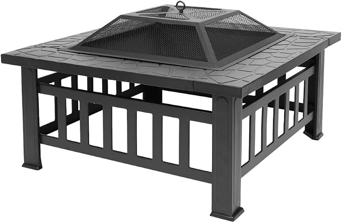 32in Outdoor Metal Firepit Square Table Backyard Patio Garden Stove Wood Burning Fire Pit with Spark Screen, Log Poker and Cover - Image 2
