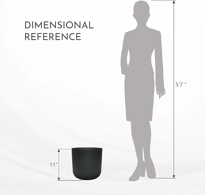 11 Inch Plant Pot, Modern Black Plastic Planter with Drainage Hole & Plug, Lightweight Weather Resistant Cylinder Flower Pot for Indoor Outdoor Use, Matte Black, 11" H x 11.6" Dia