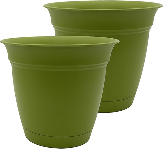 The HC Companies 12 Inch Eclipse Round Planter Pots with Drainage Holes & Attached Saucer, Lightweight UV-Resistant Plastic Indoor Outdoor Planters, 2-Pack Flower Pots for Garden & Home Decor, Peridot