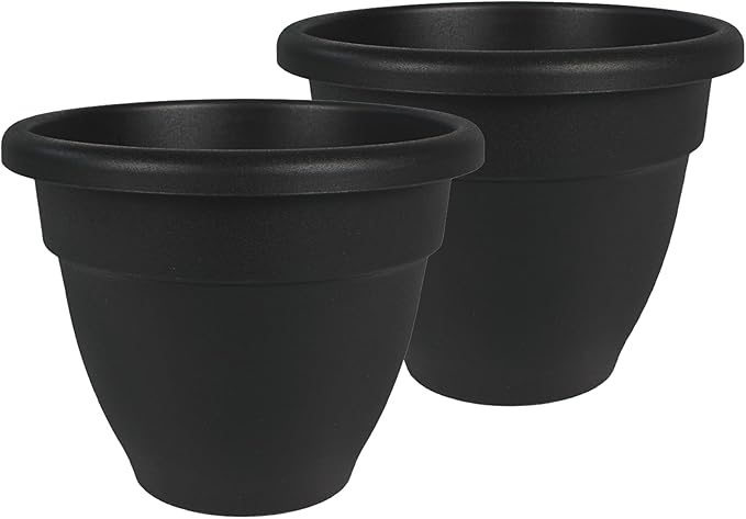 The HC Companies 10 Inch Caribbean Planter Pots with Drainage & Plug, Rolled Rim Plastic Planters for Indoor & Outdoor Plants, 2-Pack Decorative Flower Pots for Garden, Office & Home Decor, Black