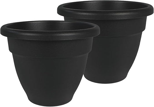 The HC Companies 16 Inch Caribbean Planter Pots with Drainage & Plug, Rolled Rim Plastic Planters for Indoor & Outdoor Plants, 2-Pack Decorative Flower Pots for Garden, Office & Home Decor, Black