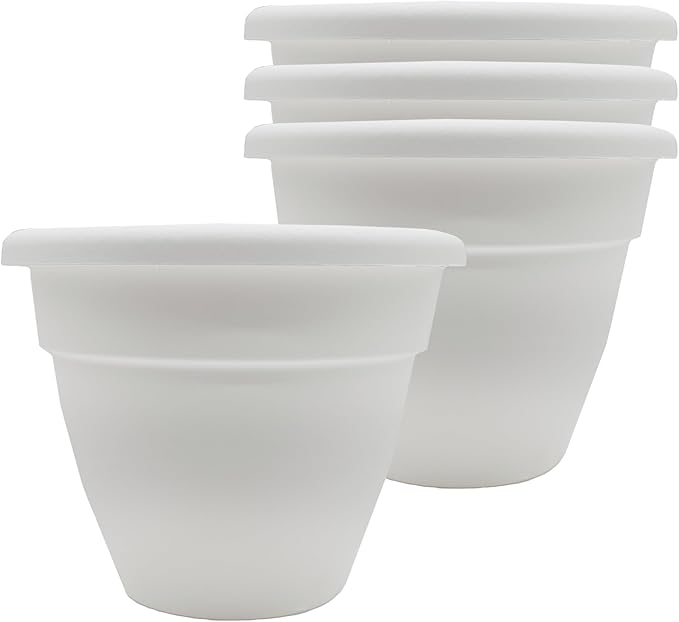 The HC Companies 8 Inch Caribbean Planter Pots with Drainage & Plug, Rolled Rim Plastic Planters for Indoor & Outdoor Plants, 4-Pack Decorative Flower Pots for Garden, Office & Home Decor, White