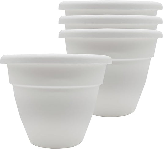 The HC Companies 8 Inch Caribbean Planter Pots with Drainage & Plug, Rolled Rim Plastic Planters for Indoor & Outdoor Plants, 4-Pack Decorative Flower Pots for Garden, Office & Home Decor, White