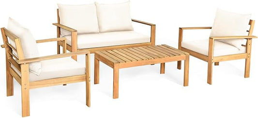 Tangkula Outdoor 4-Piece Acacia Wood Chat Set, 4 Seater Acacia Wood Conversation Sofa and Table Set with Water Resistant Cushions, Teak Finished (1, White)