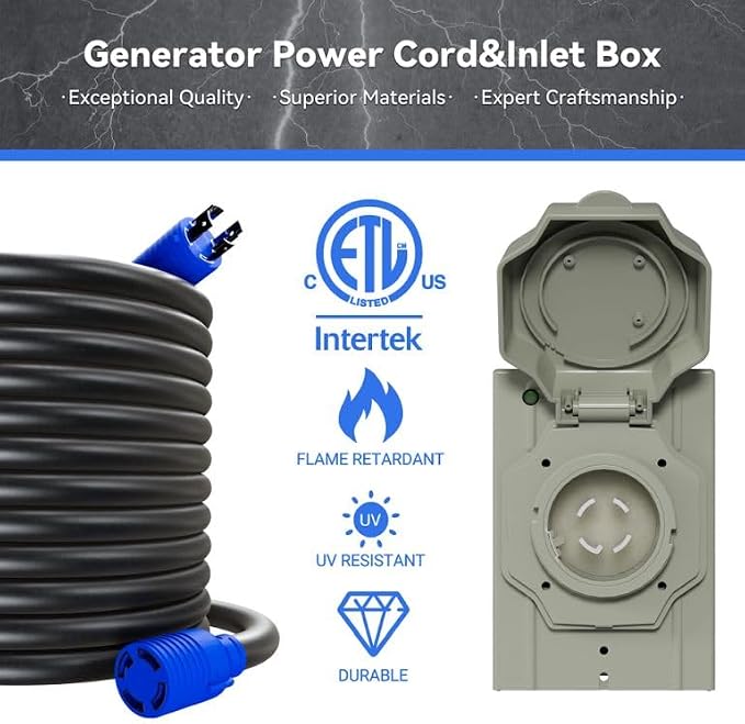 50AMP 10Feet Generator Cord with Pre-drilled Power Inlet Box, 4-Prong 125V/250V NEMA L14-30P Male to L14-30R Female, 10 Gauge SJTW Twist Locking with Inlet Box for Generator to House, UL&ETL Listed - Image 5