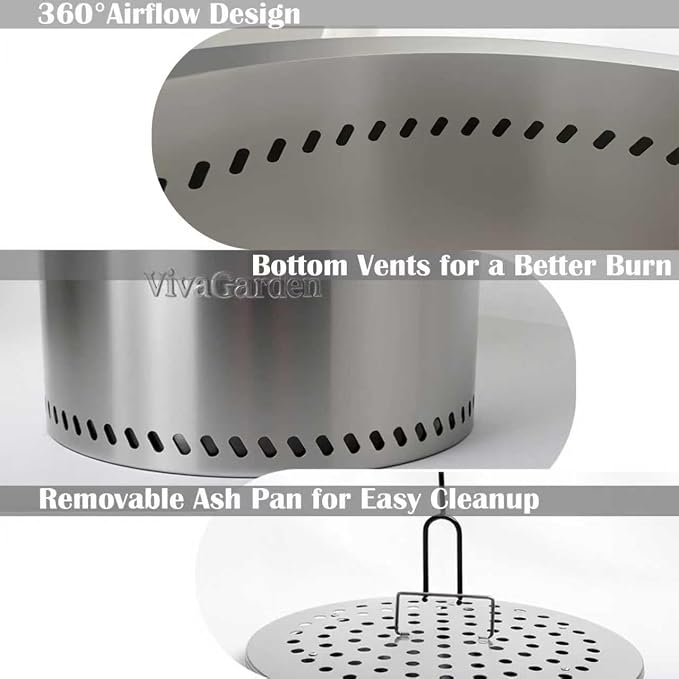 19.5 Inch Smokeless Fire Pit, VivaGarden Outdoor Wood Burning Fire Pit with Carry Bag, Stainless Steel Firepit for Camping, Backyard, Patio, Bonfire & Garden Gatherings (Silver) - Image 6