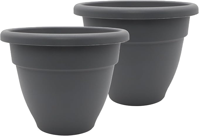 The HC Companies 16 Inch Caribbean Planter Pots with Drainage & Plug, Rolled Rim Plastic Planters for Indoor & Outdoor Plants, 2-Pack Decorative Flower Pots for Garden, Office & Home Decor, Warm Gray