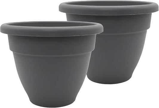 The HC Companies 12 Inch Caribbean Planter Pots with Drainage & Plug, Rolled Rim Plastic Planters for Indoor & Outdoor Plants, 2-Pack Decorative Flower Pots for Garden, Office & Home Decor, Warm Gray