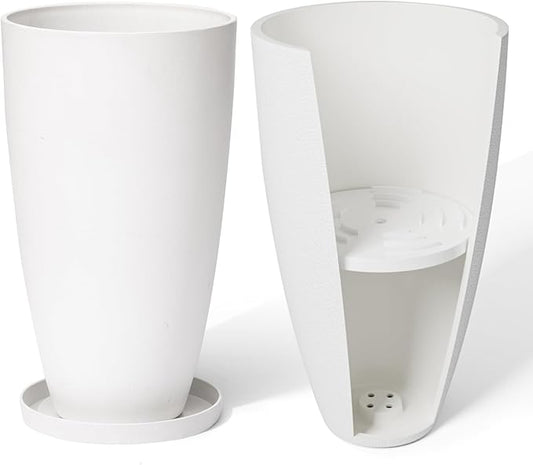 LA Jolie Muse Tall White Planters Set of 2,20 Inch Indoor/Outdoor Round Planters with Shelf Inset,Modern Large Planters with Drainage Holes for Front Door,Balcony and Patio Deck