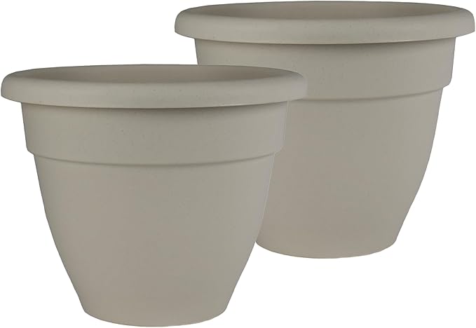 The HC Companies 16 Inch Caribbean Planter Pots w/Drainage & Plug, Rolled Rim Plastic Planters for Indoor Outdoor Plants, 2-Pack Decorative Flower Pots for Garden, Office & Home Decor, Cottage Stone