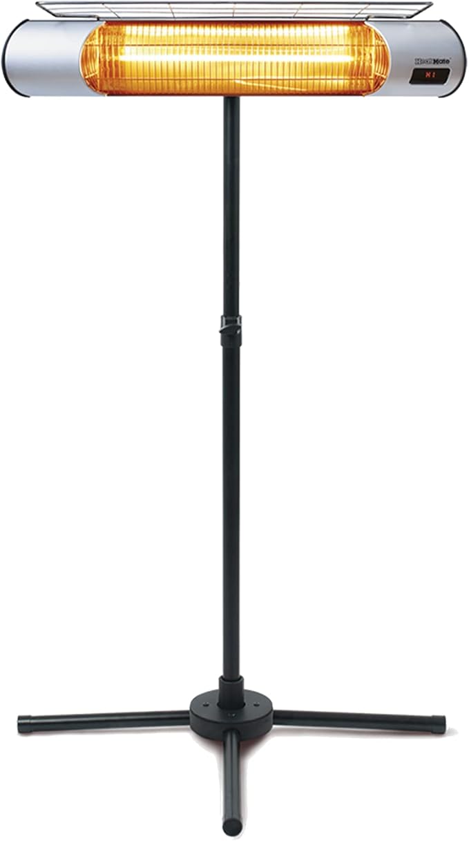 Sengoku HeatMate Weatherproof Outdoor Graphite Heater with Tripod Stand and Remote Control for Decks, Patios, and Backyard Areas, Silver