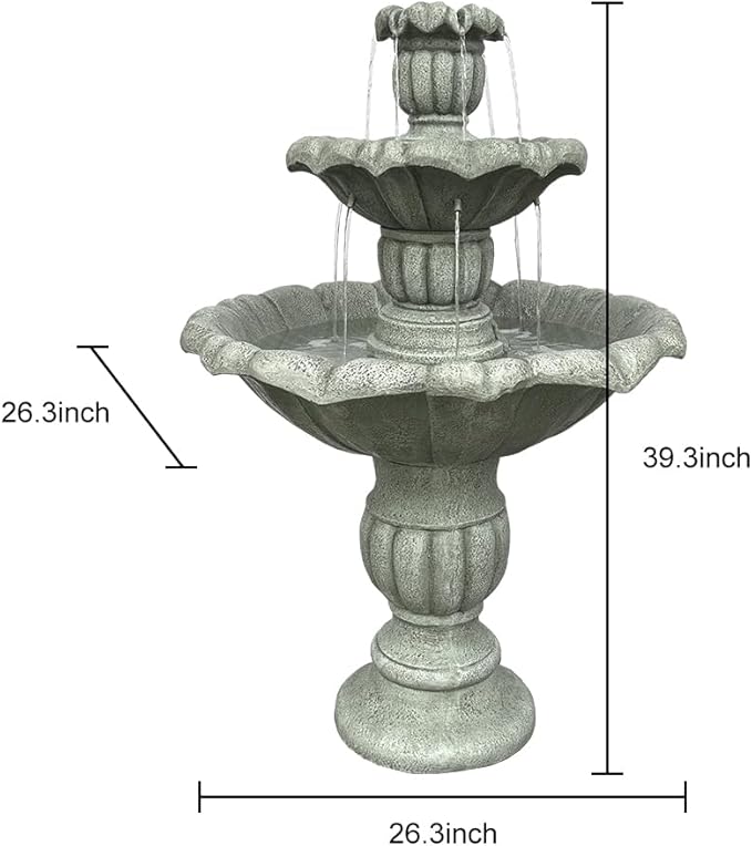 SunJet 39.3” High Modern Concrete Outdoor Water Fountain - 3 Tiered Large Floor Water Fountain and Waterfalls with Electric Pump for Garden, Patio, Yard, and Deck Decor, Featuring Natural Stone Look