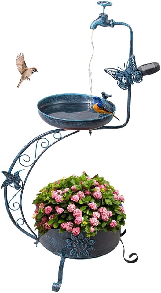 VEWOGARDEN Blue Bird Baths for Outdoors Metal Garden Bird Bath with Solar Lamp Vintage S Birdbaths with Flower Planter Pedestal Standing Bird Feeder(36" H * 19.6" W)