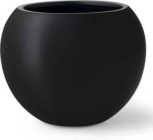 9.7" H x 12" D Premium Globo Fiberstone Round Planter with Drainage Hole, Smooth Finishes, Weather Resistant for Indoor and Outdoor Use, Included 2 Extra Coco Mats (Black, 7.8" Pot Opening)