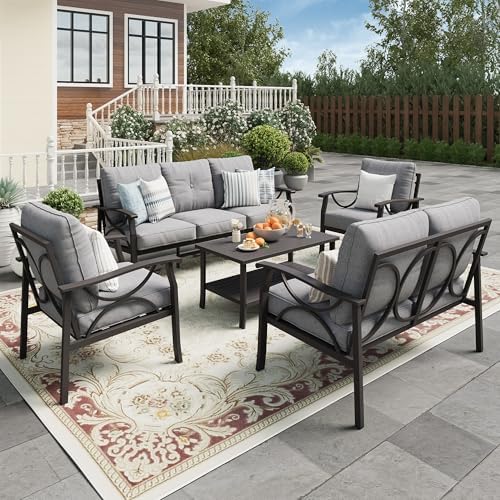 5-Piece Outdoor Patio Furniture Set, Outdoor Metal Sectional Furniture with Cushions, Outdoor Conversation Seating Set with Coffee Table for Balcony, Garden, Deck, Backyard, Grey