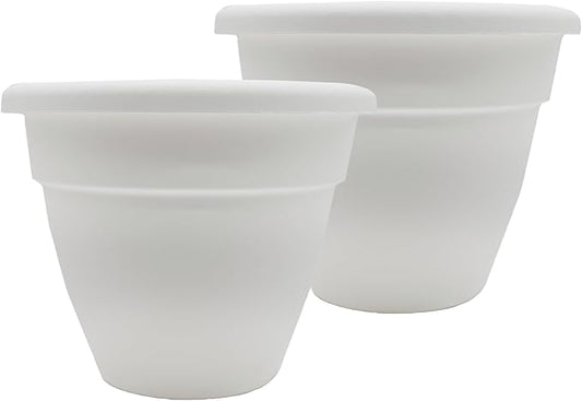 The HC Companies 14 Inch Caribbean Planter Pots with Drainage & Plug, Rolled Rim Plastic Planters for Indoor & Outdoor Plants, 2-Pack Decorative Flower Pots for Garden, Office & Home Decor, White