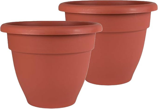 The HC Companies 12 Inch Caribbean Planter Pots with Drainage & Plug, Rolled Rim Plastic Planters for Indoor & Outdoor Plants, 2-Pack Decorative Flower Pots for Garden, Office & Home Decor, Clay
