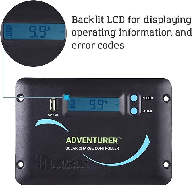 Renogy 30A 12V/24V PWM Solar Charge Controller with LCD Display Flush Mount Design Negative Ground, Compatible with Sealed, Gel, Flooded and Lithium Batteries, Adventurer 30A,black - Image 2