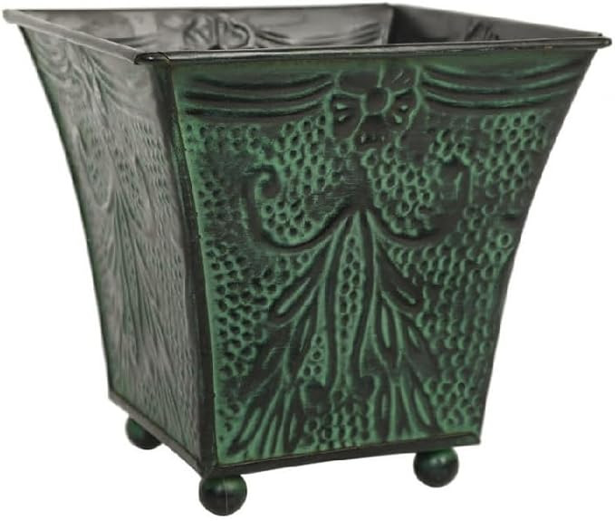 Hosley Set of 4 Green Patina Embossed Metal Planters with Ornate Floral Design, 5.25" L x 5.25" W x 5" H ?€? Ideal for Floral Arrangements, Home D??cor, Garden Accents, Rustic Weddings.