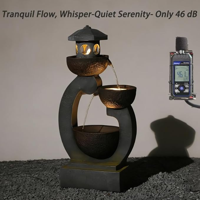 Water Fountain Outdoor Zen Feature - Garden Tranquil Pagoda Waterfalls Fountains Bowl with LED Lights & Pump for Patio Yard Porch Pool, Gray, 35.5 inches