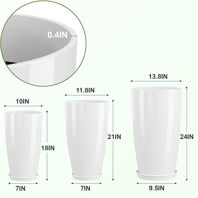 QCQHDU 24, 21, 18 inch Tall Planters for Outdoor Plants, with Drainage Hole & Saucer, Set of 3 Tall Outdoor Planter for Indoor & Outdoor Plants, Modern Home Decor