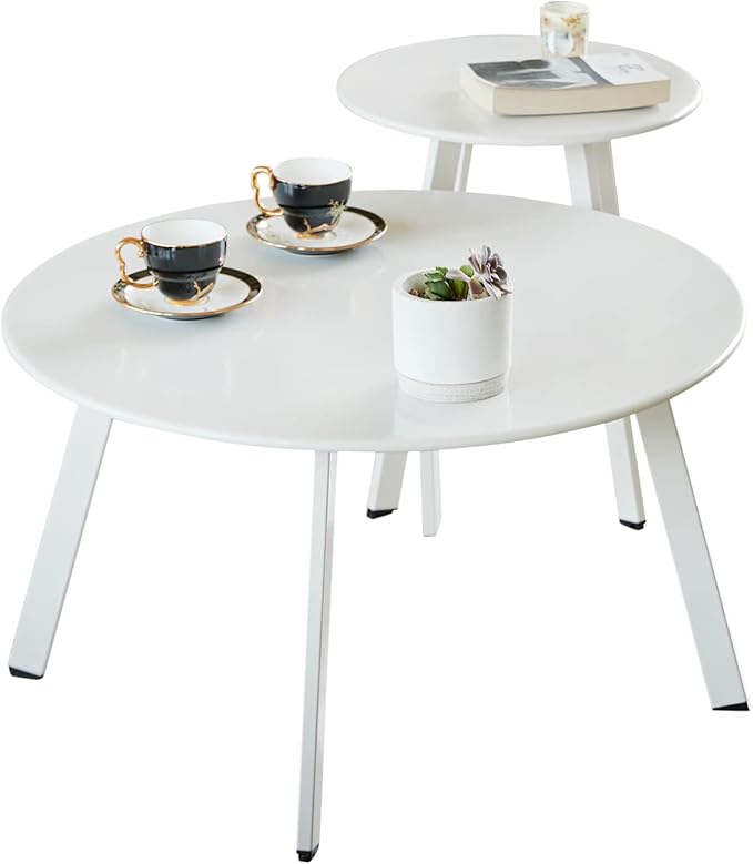 Meluvici Outdoor Patio Coffee Table Set of 2, Weather Resistant End Table, Round Nesting Tables for Living Room Balcony Office, White by Meluvici