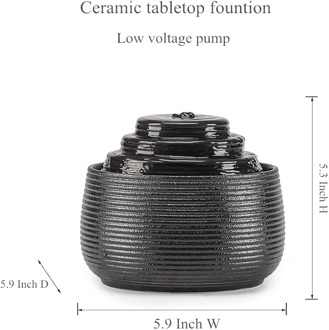 Ceramic Tabletop Fountain Water Feature for Indoor and Home Decoration Table Desk Office Patio (Black A155)