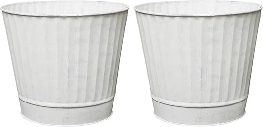 Hosley Metal Planters Pack of 2, Ideal Farmhouse Decor for Floral Arrangements Weddings, Gift Special Events Parties Outdoor Planters White wash 7" Dia x 6" H