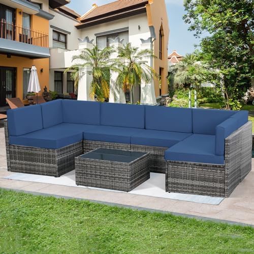U-MAX 7 Piece Outdoor Patio Furniture Set with 43 Inch Fire Pit Table, PE Rattan Wicker Sofa Set, Outdoor Sectional Furniture Chair Set with Cushions and Tea Table, Grey Rattan&Dark Blue Cushion