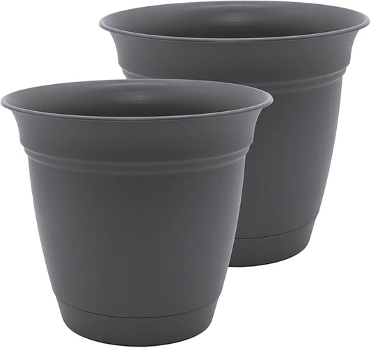 The HC Companies 20 Inch Eclipse Round Planter Pots with Drainage Holes & Attached Saucer, Lightweight UV-Resistant Plastic Indoor & Outdoor Planters, 2-Pack Flower Pots, Garden Home Decor, Warm Gray