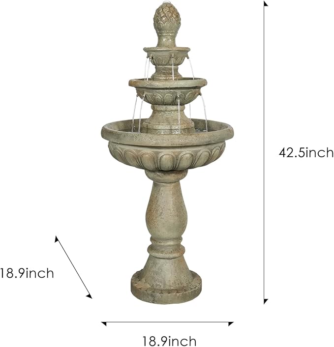 SunJet 42.5” High 3-Tiers Modern Concrete Outdoor Water Fountain - Round Large Outdoor Fountains and Waterfalls for Garden, Patio, Yard, and Deck Decor, Featuring Natural Stone Look