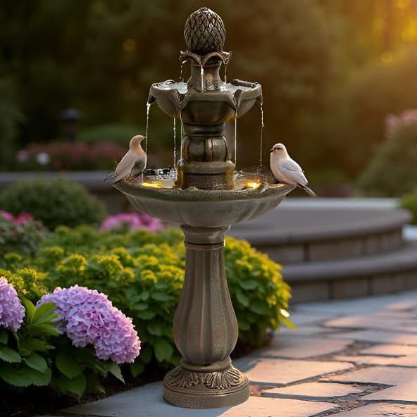 3 Tiered Outdoor/Indoor Water Fountains –42.2 in. Tall, Like Stone Bird Bath for Outside, Elegant Waterfall Feature for Garden, Yard, Patio, Home Decor (Bronze Color)