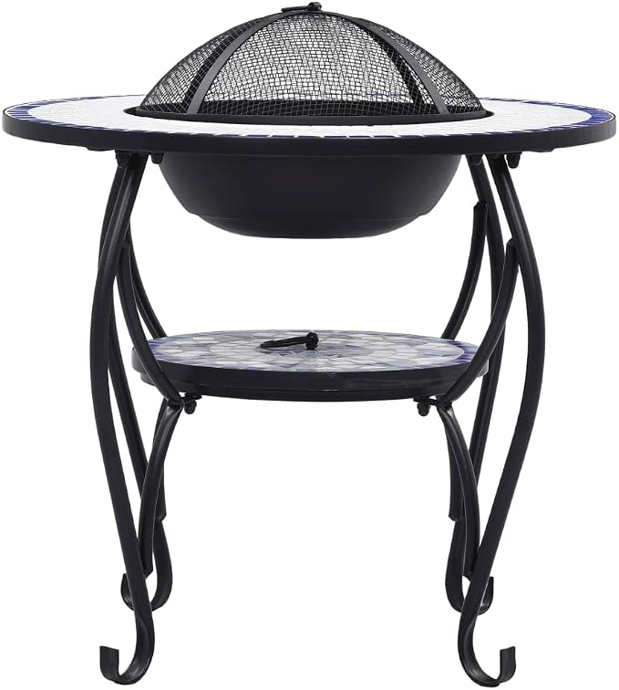 Mosaic Fire Pit Table, Outdoor Patio Wood Burning Fireplace, 26.8" Ceramic Top with Grill, Poker, and Safety Lid for Backyard Heating - Image 4