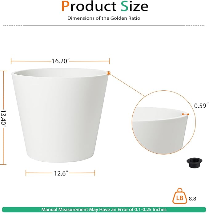 Wide Planters for Outdoor Plants, Extra Large Indoor Flower Pots for Garden, Front Porch, Patio - Round Resin Planter Set of 2 (White, 16" D x 13" H)