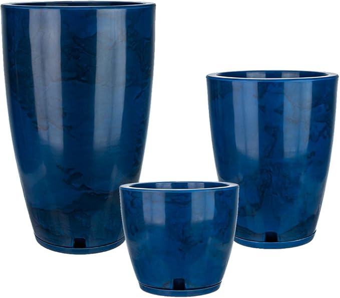 Floridis Plastic Plant Pot, Blue Marble Effect, Set of 3 (11+17+25 inch) with Drainage Hole and Saucer. Outdoor and Indoor Set of Black planters for patios, Front Porch.