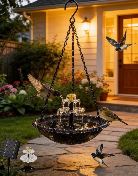Solar Cascade Hanging Bird Bath Fountain, Solar Birdbath Fountain with Pump, Weatherproof Water Feature to Attract Hummingbirds, Garden Gift Yard Patio Backyard Decoration (Brown)