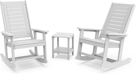 GREENVINES Outdoor Rocking Chair Set | 3-Piece | 2 Rocking Chairs with 1 Side Table | Porch Rocker | HDPE Plastic | White | Patio Furniture Sets | High Back | Big & Tall | Ladder Back by GreenVines
