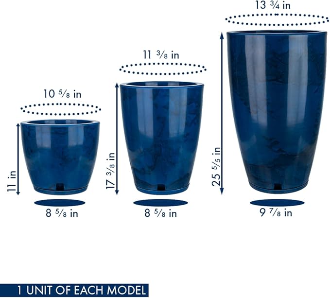 Floridis Plastic Plant Pot, Blue Marble Effect, Set of 3 (11+17+25 inch) with Drainage Hole and Saucer. Outdoor and Indoor Set of Black planters for patios, Front Porch.