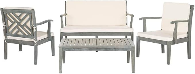 Safavieh Outdoor Living Collection Bradbury 4-Piece Outdoor Living Set, Natural/Beige, Chair: 25.6" x 24.8" x 31.9" Bench: 48.4" x 24.8"