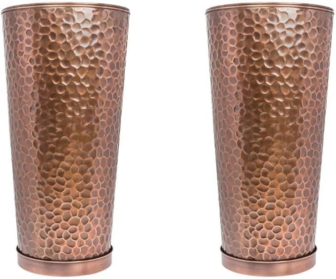 H Potter Tall Copper Planter Indoor Outdoor 28 Inch Antique Copper Hammered Metal Garden Planter with Insert Drainage and Drip Trays Large Decorative Floor Planter for Entryway Porch Patio Set of 2