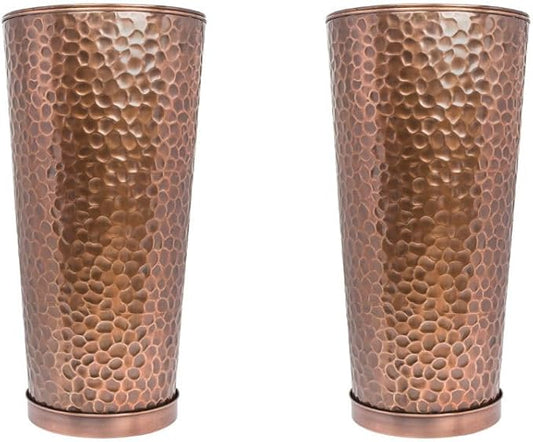 H Potter Tall Copper Planter Indoor Outdoor 28 Inch Antique Copper Hammered Metal Garden Planter with Insert Drainage and Drip Trays Large Decorative Floor Planter for Entryway Porch Patio Set of 2