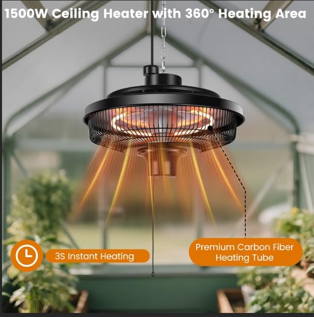 Hanging Patio Heater, 1500W Electric Infrared Heaters for Home, Gazebo, Garage, Greenhouse, Ceiling Mount with Overheat Protection, IPX4 Water Resistance, Adjustable Height (Black)
