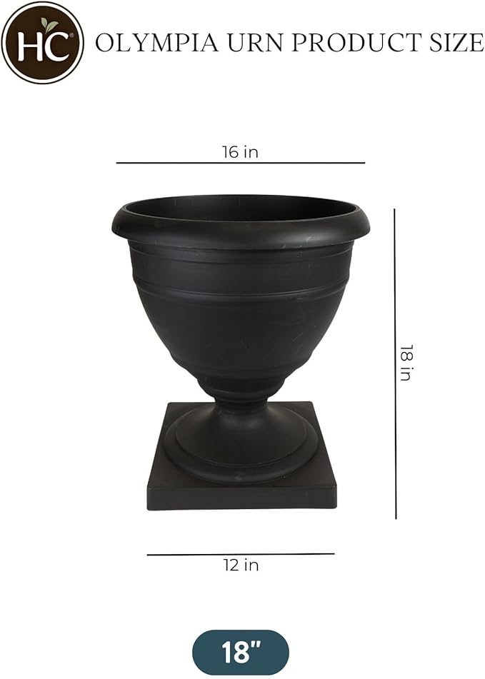 The HC Companies 18 Inch Tall Olympia Plastic Urn - Lightweight Outdoor Plastic Plant Pot for Flowers, Black