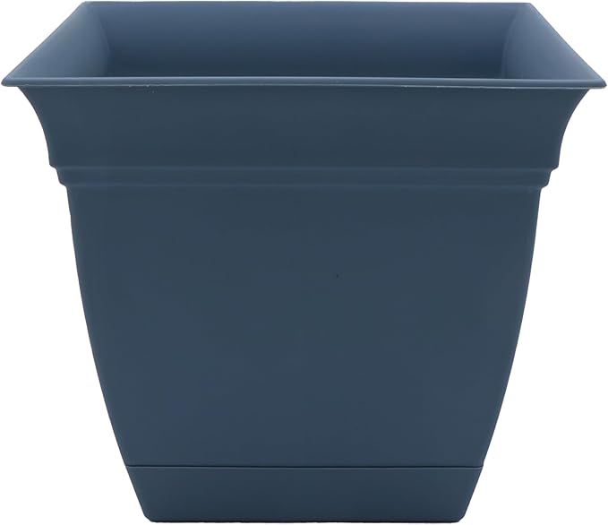 The HC Companies Eclipse Square Plastic Planter w/ Attached Saucer - Outdoor & Indoor Plant Pot with Drainage Holes - Lightweight, UV-Resistant Plastic Pots For Plants (8" Slate Blue, Pack of 1)