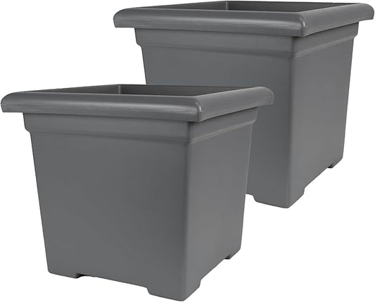 The HC Companies 15.5 Inch Accent Square Plant Pots with Drainage, Lightweight UV-Resistant Plastic Planters for Indoor & Outdoor Plants, 2-Pack Flower Pots for Garden, Office & Home Decor, Warm Gray