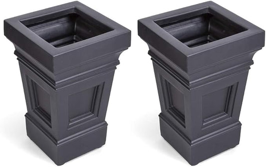 Step2 Atherton Square Planter, Large Planters for Outdoor Plants, Gardening and Flower Pot for Patio or Porch, Efficient Drainage, Durable Plastic, Onyx Black, 2-Pack