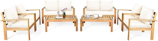 Tangkula Outdoor 8-Piece Acacia Wood Chat Set, 8 Seater Acacia Wood Conversation Sofa and Table Set with Water Resistant Cushions, Teak Finished (2, White)