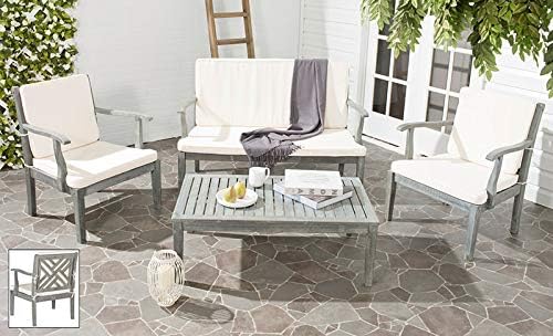 Safavieh Outdoor Living Collection Bradbury 4-Piece Outdoor Living Set, Natural/Beige, Chair: 25.6" x 24.8" x 31.9" Bench: 48.4" x 24.8"