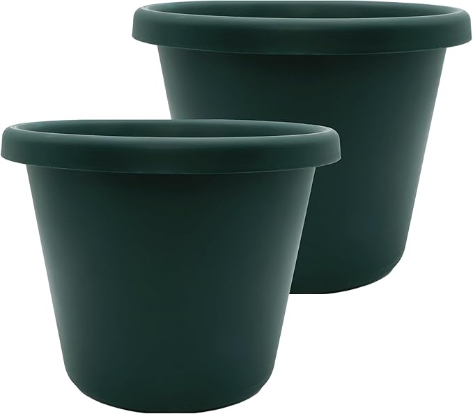The HC Companies 15.5 Inch Classic Round Planter Pots with Drainage, Rolled Rim Plastic Planters for Indoor & Outdoor Plants, 2-Pack Decorative Flower Pots for Garden, Office & Home Decor, Evergreen